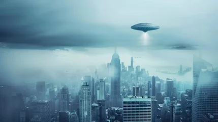 Fotobehang Alien invasion. An alien spaceship hovered over a densely populated city. The alien spacecraft hovers menacingly above the city, its presence evoking a sense of both wonder and unease. © Stavros