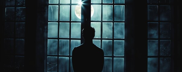 Silhouette of a person standing by the window with moonlight