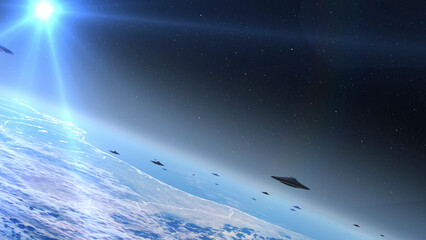 3d rendering-Alien saucer ufo's fleet flying above earth clouds

Alien invasion sci-fi concept,4K, 2024

