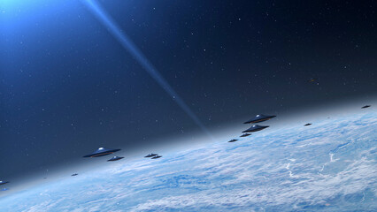 3d rendering-Alien saucer ufo's fleet flying above earth clouds

Alien invasion sci-fi concept,4K, 2024

