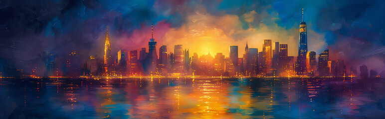 Watercolor painting landscape colorful night city with skyscrapers