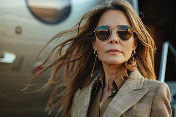 Stylish business lady exiting a private jet. The wind calls her hair and clothes. Bold and beautiful: Businesswoman's outfit showcases her individuality.