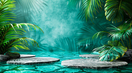 Jungle waterfall into natural pool, serene tropical paradise, refreshing nature escape - obrazy, fototapety, plakaty