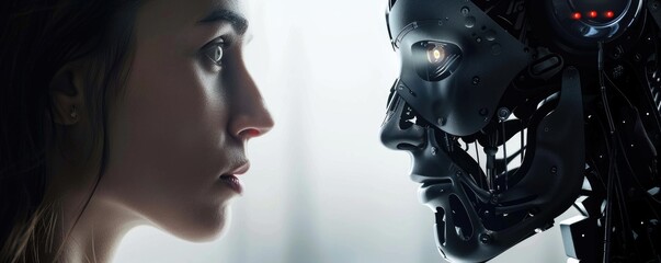 A stunning visual metaphor exploring the relationship between humans and AI technology against a futuristic backdrop. Robot and human face against