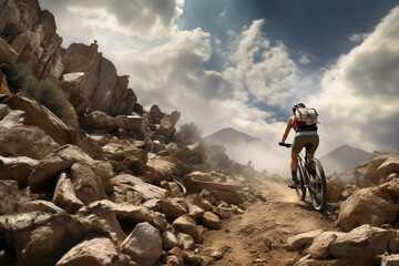 A stunning foto of a young adult and Asian woman riding her bicycle on a rocky mountain, a backside portrait of a girl racing her mountain-bike on a dusty hillside full of rocks at mid-day  - obrazy, fototapety, plakaty