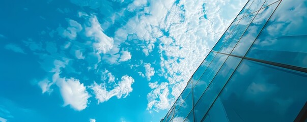 Modern building with reflective glass facade against a blue sky with clouds