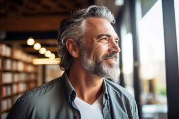 Generated with AI image of middle aged handsome man standing in front of library books