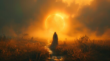 Mystic figure with a glowing circle in a misty field at sunset - obrazy, fototapety, plakaty