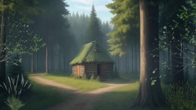 Hut with trees and bushes around in a dense forest. A beautiful road leads to the hut
