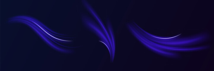 High speed effect motion blur night lights blue and red. Futuristic neon light line trails. bright sparkling background. Purple glowing wave swirl, impulse cable lines. Long time exposure. Vector
