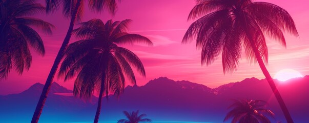 Fototapeta na wymiar Tropical sunset with palm trees and mountains
