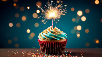 A birthday cupcake with flower decorations and sparklers and an isolated white background 
