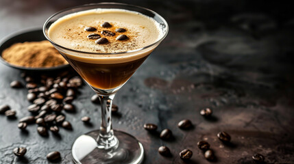 Elegant Espresso Martini with Coffee Beans, copy space, place for adding text or design