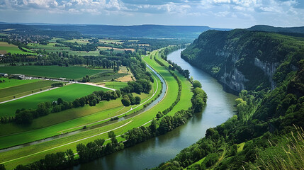 Areal view on Neckar river winding its way through a green valley, AI Generative. - obrazy, fototapety, plakaty