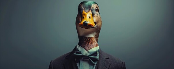 Surreal portrait of a duck with a human body in a suit - obrazy, fototapety, plakaty