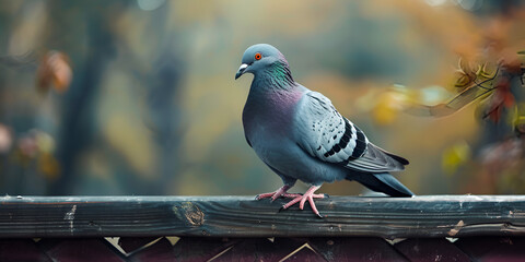 Pigeon is sitting near the sea with blur background