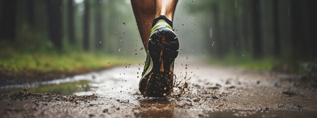  male or man South-African trail runner running on a forest path with a close-up of the trail running shoes during a rainy day  - obrazy, fototapety, plakaty