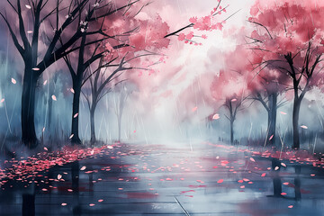 cherry blossom petals in the rain watercolor illustration