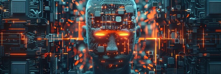 Abstract human head connected to the digital network of artificial intelligence and communication