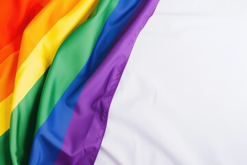 Brightly colored rainbow flag representing LGBTQ+ pride and diversity against a white background. Vibrant Rainbow Pride Flag Close-up