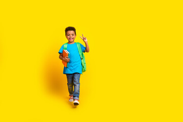 Full length photo of friendly cool preteen boy wear blue t-shirt walking showing v-sign empty space isolated yellow color background