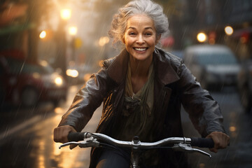 A beautiful elderly of Asianformal woman riding her bicycle to work, a frontside portrait of a woman commuting on a bicycle on a rainy day in an urban street at sunset 