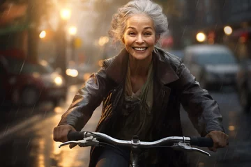 Foto op Aluminium A beautiful elderly of Asianformal woman riding her bicycle to work, a frontside portrait of a woman commuting on a bicycle on a rainy day in an urban street at sunset  © pangamedia