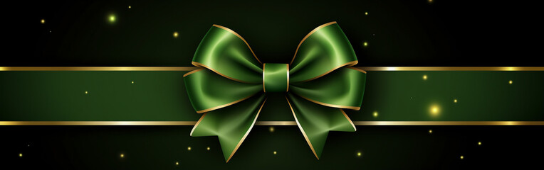 Horizontal Green ribbon and bow on a eccentric background for wedding invitation card greeting card or gift boxes 