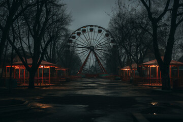 A spooky abandoned carnival with rusted rides made with generative AI