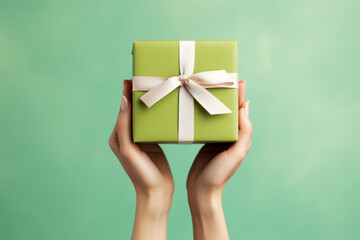 Minimal green background with woman hands holding a wrapped gift box seen from a low angle for a birthday 
