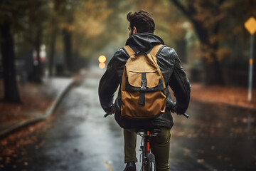 A beautiful adult of South-African hipster man riding his bicycle to work, a backside portrait of a guy commuting on a bicycle on a rainy day in an urban street at mid-day 