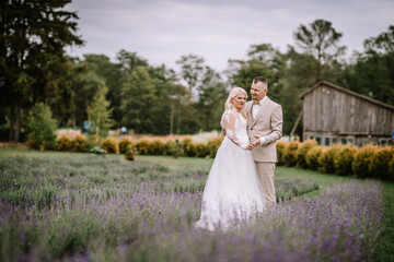 Valmiera, Latvia - Augist 13, 2023 - A bride and groom stand closely, holding hands in a field of lavender, exchanging smiles, with a rustic building and trees in the background.