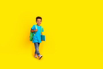 Full size photo of adorable little boy wear casual blue t-shirt hold rucksack book go to school isolated on vivid yellow background