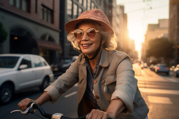 A beautiful elderly of Asian hipster woman riding her bicycle to work, a backside portrait of a woman commuting on a bicycle on a sunny day in an urban street at sunset 