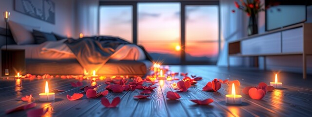 A bedroom with burning candles strewn with rose petals in anticipation of a romantic evening. Flames of passion illuminate the path to a night of love. - obrazy, fototapety, plakaty