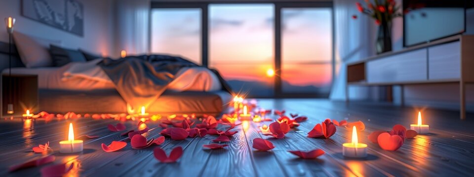 A bedroom with burning candles strewn with rose petals in anticipation of a romantic evening. Flames of passion illuminate the path to a night of love.