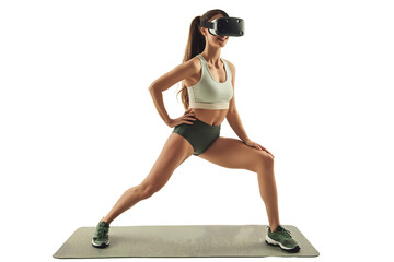young woman with brown hair smiling in virtual reality glasses wearing sportswear is performing dynamic warm-up exercises, side lunges on a mat isolated on transparent background