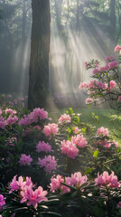 warm sunlight filtering through trees and onto pink flowers