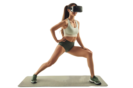 young woman with brown hair smiling in virtual reality glasses wearing sportswear is performing dynamic warm-up exercises, side lunges on a mat isolated on transparent background - Powered by Adobe