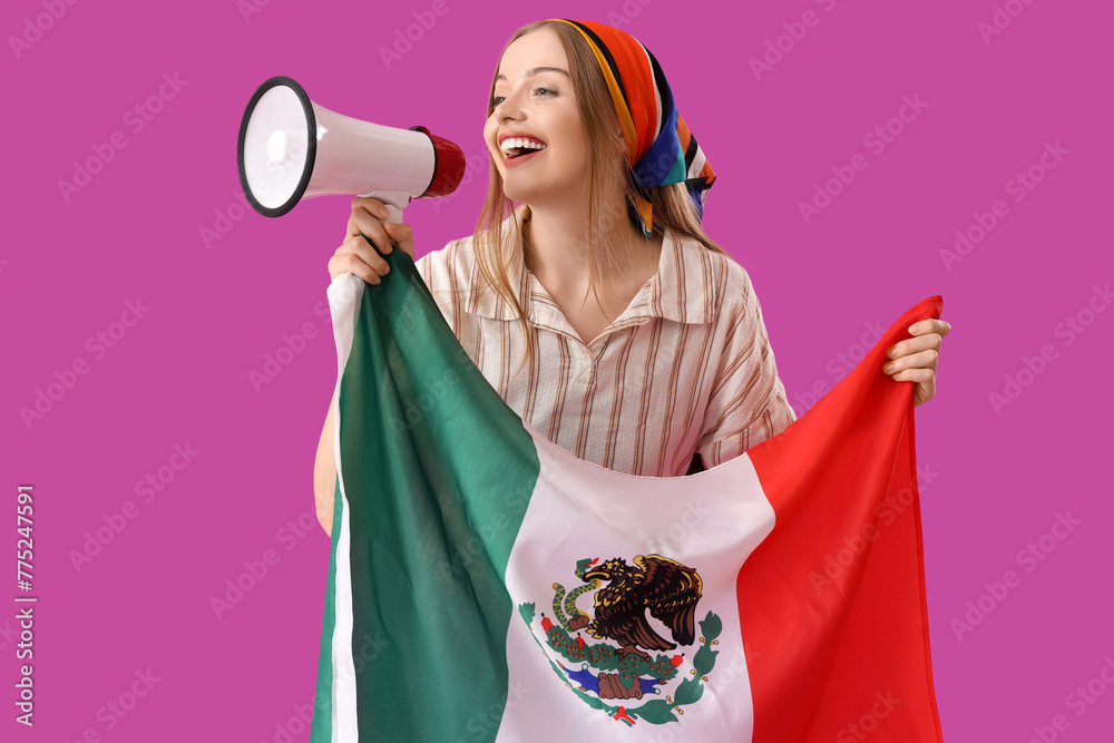 Wall mural Young woman with Mexican flag shouting into megaphone on purple background