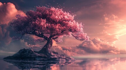 Sakura tree on an isolated island at sunset
