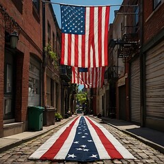 American flag on a street, American Flag in the Street, Memorial Day, American Flag background,...