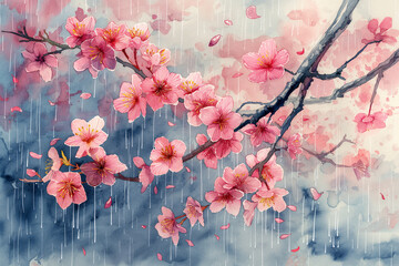 cherry blossom petals in the rain watercolor illustration