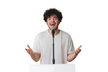 young man standing upright on a clean white podium background. He is speaking enthusiastically, with a microphone in front of him isolated on transparent background