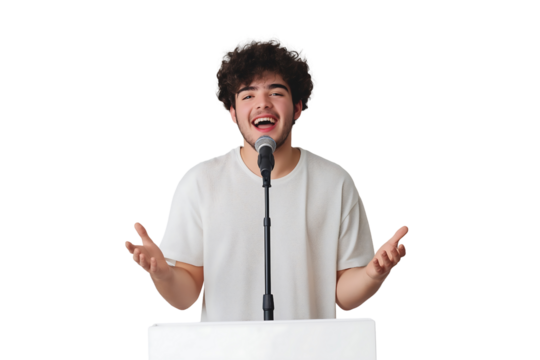 young man standing upright on a clean white podium background. He is speaking enthusiastically, with a microphone in front of him isolated on transparent background