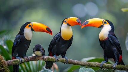 Fototapeta premium Three Colorful Birds Perched on Forest Branch