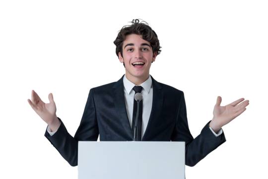 young businessman in suit standing upright on a clean white podium background. He is speaking enthusiastically, with a microphone in front of him isolated on transparent background
