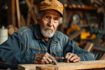 Old man working on wooden table, senior adult white ethnicity construction industry craft - obrazy, fototapety, plakaty