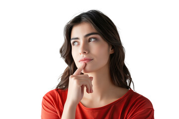 young beautiful woman in a stylish dark red shirt, touching her chin with her hand while raising her index finger up isolated on transparent background
