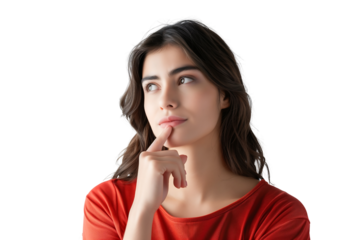 young beautiful woman in a stylish dark red shirt, touching her chin with her hand while raising her index finger up isolated on transparent background